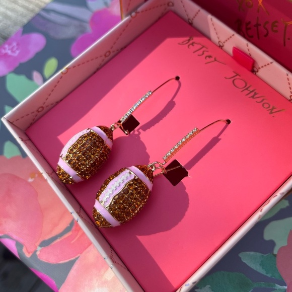 *NWT* Betsey Johnson Faux Stone Football Dangle Earrings - Picture 2 of 5
